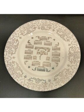 1961 Calendar Plate Cream Gold Metallic Floral Pattern Vintage 10 in